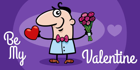 Valentines Day design with cartoon man with heart and flowers