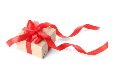 Gift box with red bow for Valentine's Day on white background