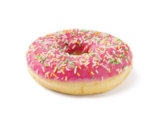 Tasty donut with colorful sprinkles on white background