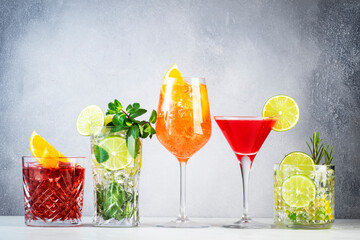 Most popular trendy cocktails set: aperol spritz, negroni, mojito, gin tonic and cosmopolitan on...
