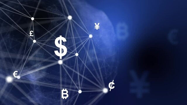 3D animation of money symbols of different countries on a blue background. Abstract lines connecting signs. Money currency. Plexus of lines.
