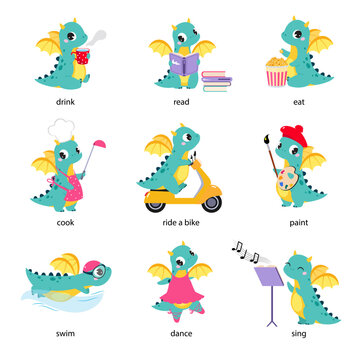 Funny Dragon Character and English Verbs Learning Vector Set