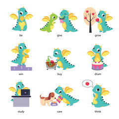 Fototapeta na wymiar Funny Dragon Character and English Verbs Learning Vector Set