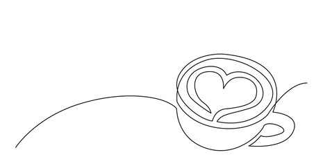 continuous line drawing of cappuccino coffee cup with heart on foam - PNG image with transparent background