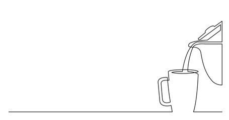 continuous line drawing of coffee pot pouring hot coffee in cup - PNG image with transparent background