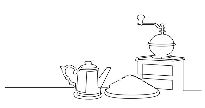 continuous line drawing of coffee beans pot and vintage coffee grinder - PNG image with transparent background