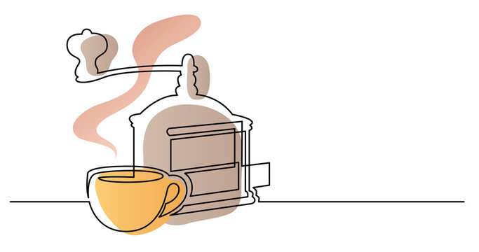 continuous line drawing of coffee grinder and cup on table color - PNG image with transparent background