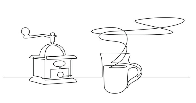 continuous line drawing of coffee grinder and fresh smelling cup of coffee - PNG image with transparent background