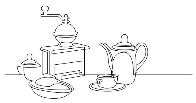 continuous line drawing of coffee grinder jar breakfast and cup of coffee - PNG image with transparent background