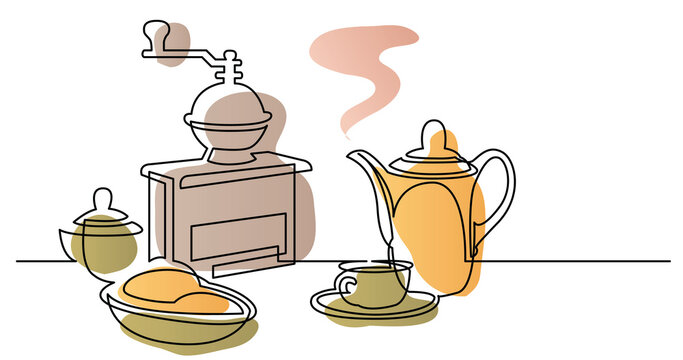 continuous line drawing of coffee grinder jar breakfast and cup of coffee color - PNG image with transparent background