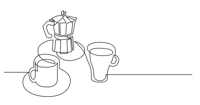 continuous line drawing of coffee pot with two cups of coffee on table top - PNG image with transparent background