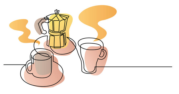 continuous line drawing of coffee pot with two cups of coffee on table top color - PNG image with transparent background
