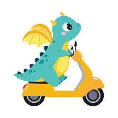 Fototapeta na wymiar Cute Turquoise Little Dragon with Wings Riding Scooter Vector Illustration