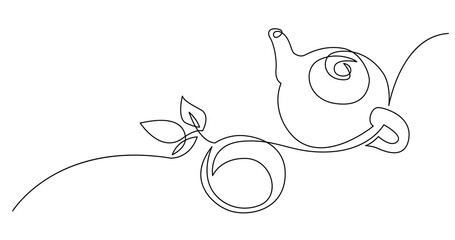 continuous line drawing of tea pot with tea leaves and cup - PNG image with transparent background