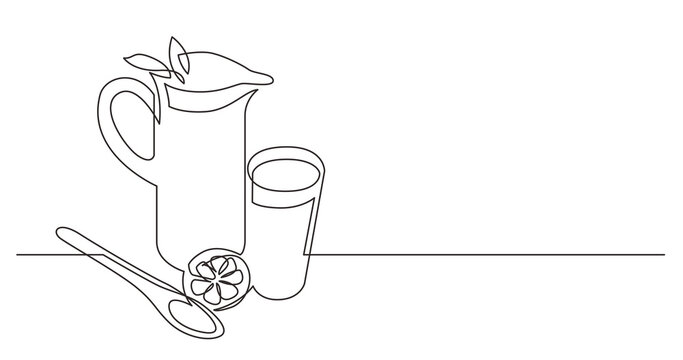 continuous line drawing of jar of ice tea glass and lemon - PNG image with transparent background