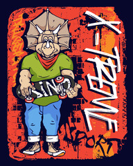 Art. Cool dinosaur. Triceratops rides a skateboard. Vector illustration. grunge. Fan t-shirt design. print. Dinosaur character design. Fashion illustration drawing for clothes fabrics © Kseniia