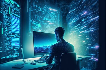 Painting of a man Cyber attack hacking defense FileVault crack matrix coding access denied no entry