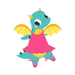 Cute Turquoise Little Dragon with Wings Dancing Ballet in Pink Dress and Pointe Shoes Vector Illustration