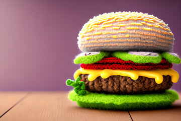 Generative AI. Illustration of cute and delicious hamburger doll made of wool. children's cartoon animation movie style. Fast food background