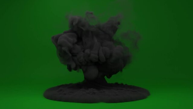 Realistic tornado animation, on a green background, front view.  A natural disaster, a whirlwind of gray smoke.  A hurricane on a chromakey background.  Animation.  Smoke simulation. 3d render.