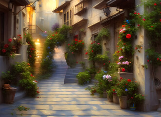 painting of a beautiful old street in a typical old-fashioned village on a greek island at twilight with glowing lamps and stone steps. generative ai illustration.