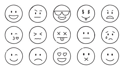 Emoji doodle icons. Set of happy, sad, smiling faces. Funny emoticons in sketch style.  Hand drawn vector illustration isolated on white background