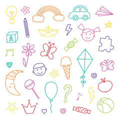 Cute kids doodle set. Children's drawings. Hand drawn vector illustration isolated on white background
