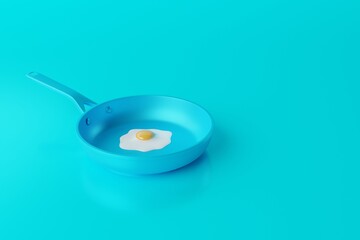 Blue frying pan with a fried egg on a blue background. The concept of preparing a dish with egg, frying an egg in a pan. 3d render, 3d