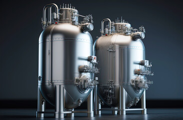 Fototapeta na wymiar Two aluminum tanks as storage equipment for liquids. Postproducted generative AI digital illustration.