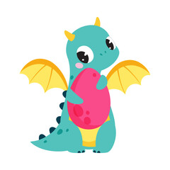 Obraz premium Cute Turquoise Little Dragon with Wings Holding Pink Egg Vector Illustration
