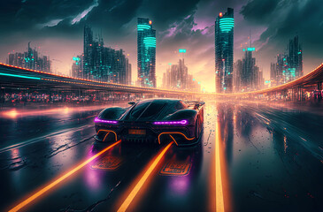 Speedway with riding sport car in futuristic city with neon lights. Postproducted generative AI digital illustration.