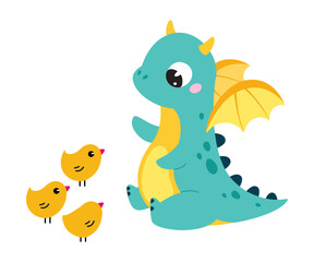 Cute Turquoise Little Dragon with Wings Talking to Yellow Chicks Vector Illustration