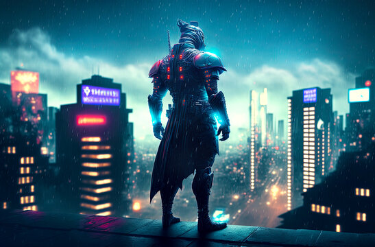 Samurai standing on the roof with night city neon lights on background. Postproducted generative AI digital illustration.