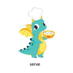 Funny Dragon Character Serving Dish Demonstrating English Verb Vector Illustration