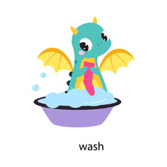 Funny Dragon Character Washing Sock in Basin Demonstrating English Verb Vector Illustration