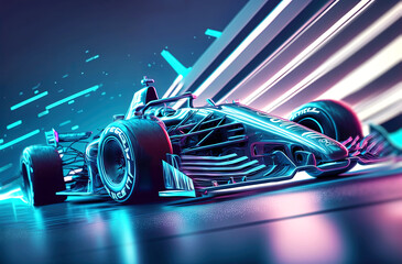 Futuristic racing formula at neon illumination. Postproducted generative AI digital illustration.