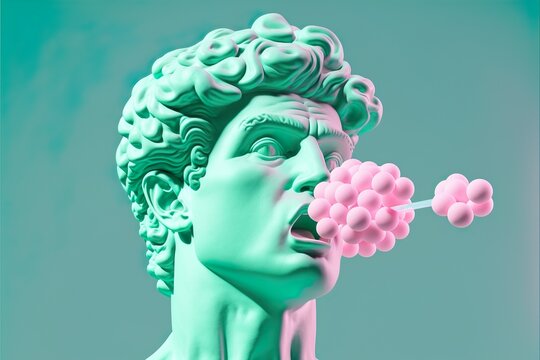 Funny sculpture head of man David with bubblegum