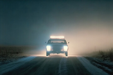 A mysterious car waits on a snowy lonely road.	