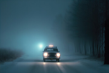 Obraz na płótnie Canvas A mysterious car waits on a snowy lonely road. 