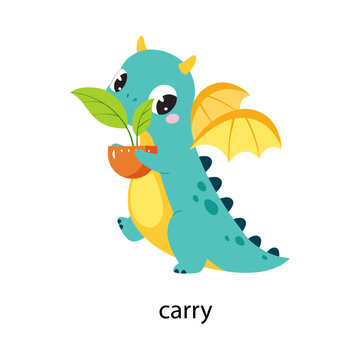 Funny Dragon Character Carrying Houseplant Demonstrating English Verb Vector Illustration