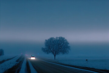 A mysterious car waits on a snowy lonely road.	