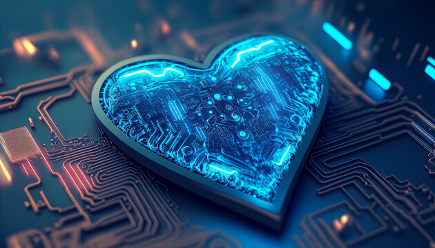 Blue heart designed as central processing unit of love. Postproducted generative AI digital illustration.