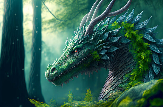 Wood dragon fantasy landscape digital illustration Stock Illustration