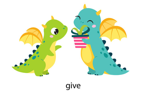 Funny Dragon Character Giving Gift Box Demonstrating English Verb Vector Illustration