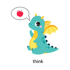 Obraz premium Funny Dragon Character Thinking of Apple Demonstrating English Verb Vector Illustration