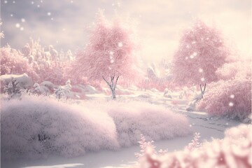 Winter snow landscape in a powder pink world frozen ice
