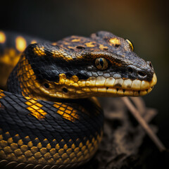 Fototapeta premium tête de serpent noir et doré avec effet de profondeur de champ - illustration IA