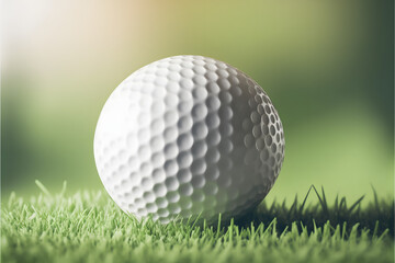 Close up of Golf ball laying on grass, Generative AI