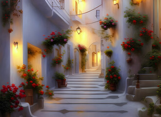 Painting of a beautiful old street with white painted houses in a typical old-fashioned village on a greek island at twilight with glowing lamps and stone steps. generative ai illustration.