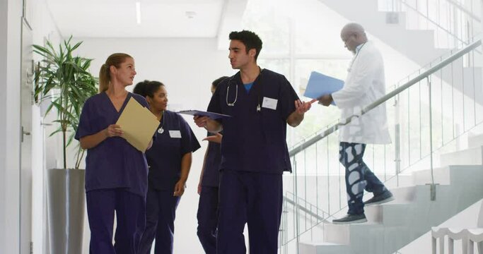 Video of diverse male and female doctors holding files talking as they walk in hospital corridor